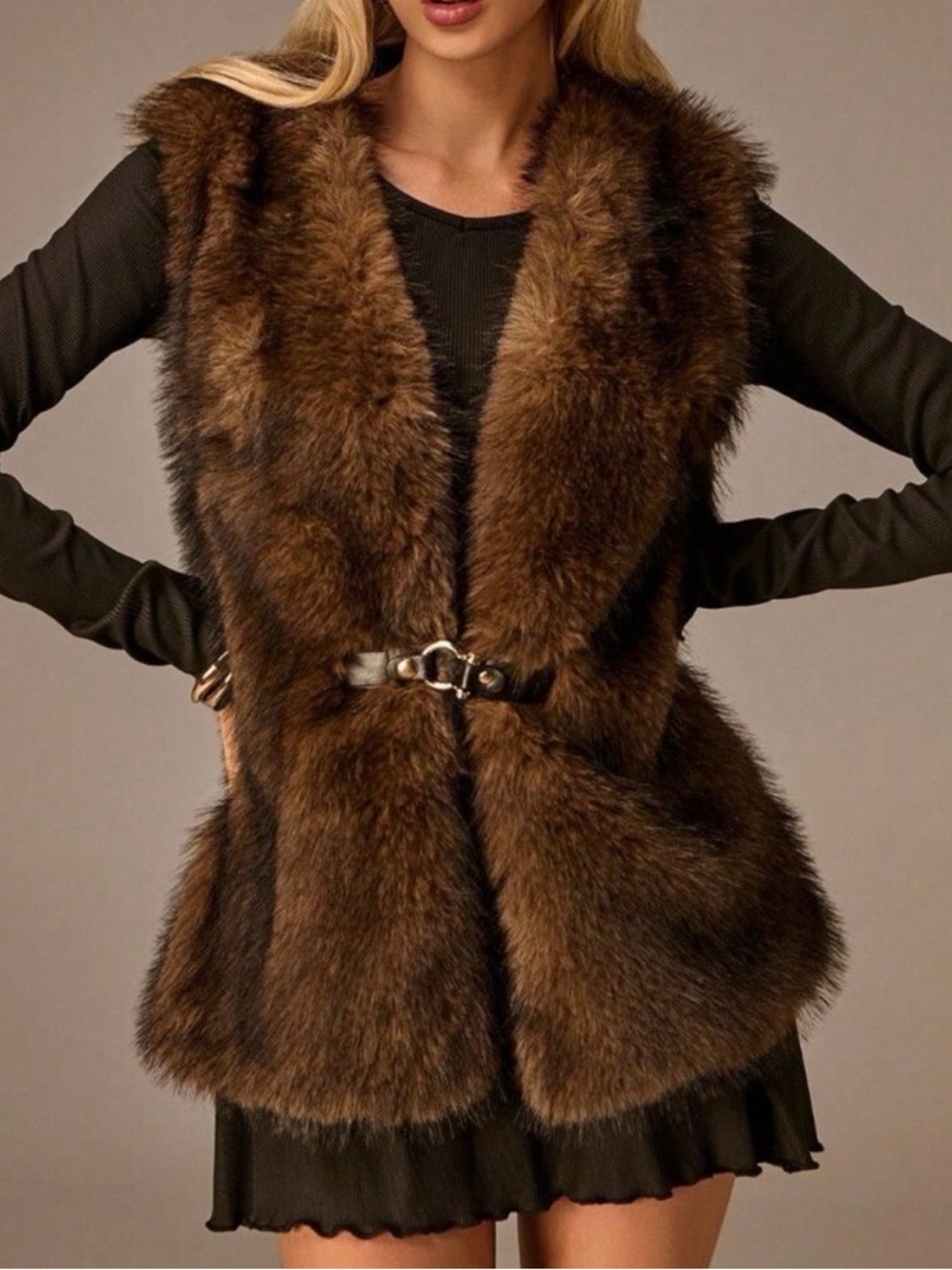 Brown Casual Women's Waist Buckle Faux Fur Vest Jacket